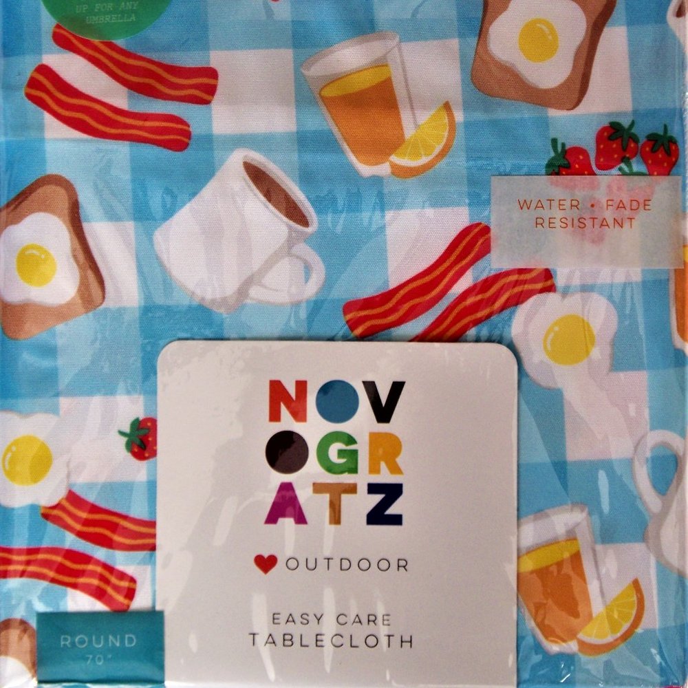 Novogratz Breakfast Club Tablecloth Easy Care Outdoor 70 Round w/Zipper Umbrella